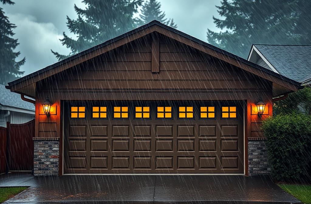 Residential garage door during Pacific Northwest storm conditions